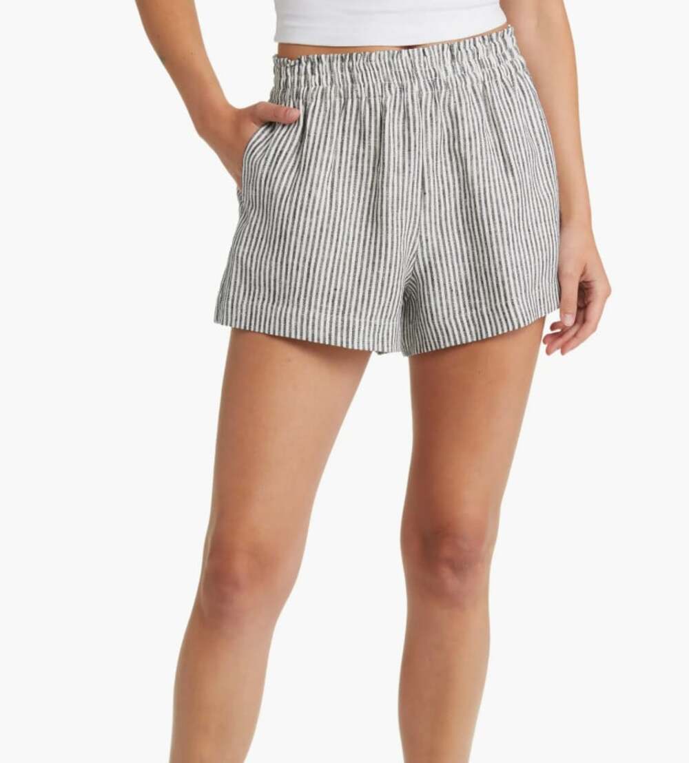Reformation Mila Smocked Waist Linen Shorts Black & White Striped Shorts XS